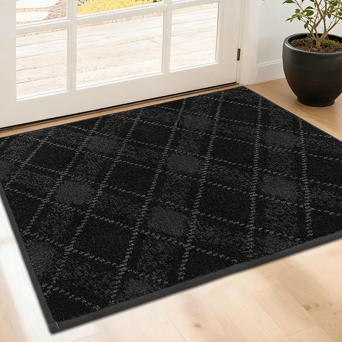 COSY HOMEER Plaid Door Mat 24" x 36",Dirt Trapper Entryway Rugs,Non-Slip Washable Farmhouse Doormat,Low Profile Welcome Mats for Paws Black