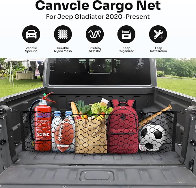 Trunk Cargo Net for 2020-2026 Jeep Gladiator Accessories Envelope Style Mesh Trunk Net Organizer and Storage Stretchable Adjustable Elastic Nylon Rear Cargo Netting with Hooks