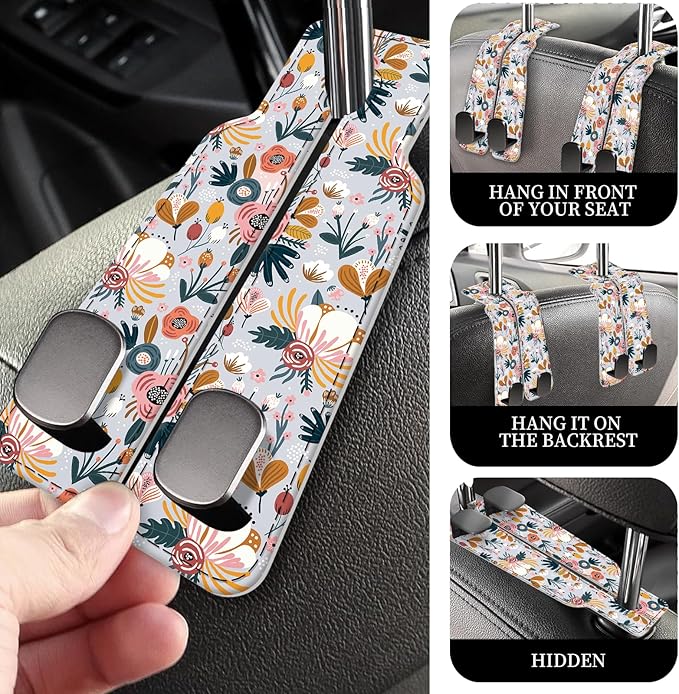 PU Leather Car Seat Hook, Storage Headrest Hanger, Cute Car Backseat Organizer, Car Hooks For Purses and Bags White Cute Floral