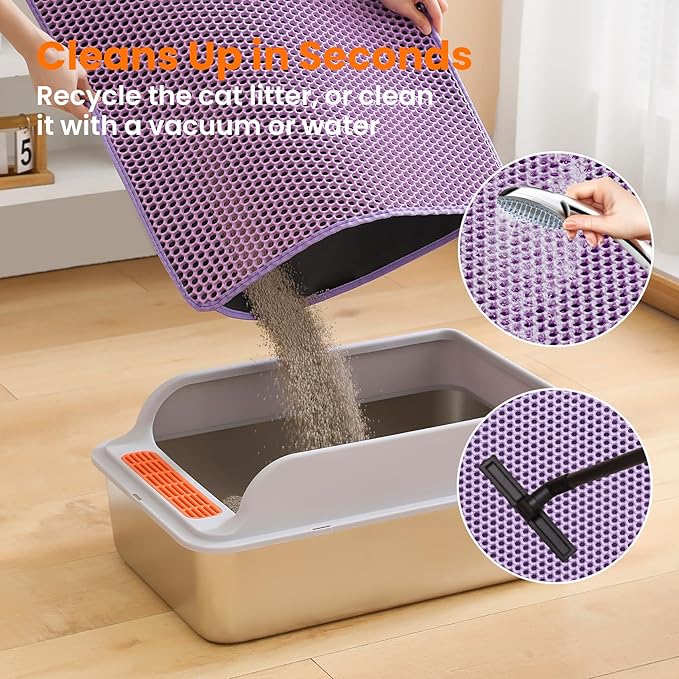 Petinstinct Small Cat Litter Mat, 20x14’’ Double Layer Honeycomb Cat Litter Box Mat, Non Slip Waterproof Urine Proof Litter Trapping Mat for Floor, Kitty Litter Pad, Indoor Pet Supplies, Purple