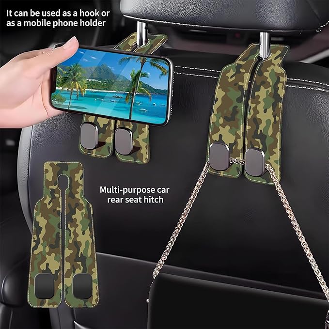 AEWNUNK Camouflage Car Headrest Purse Hanger Camo Hunting Forest 1 Pack Bag Purse Holder for Car Premium Leather Double Metal Hook for Handbags, Grocery Bags and Phones