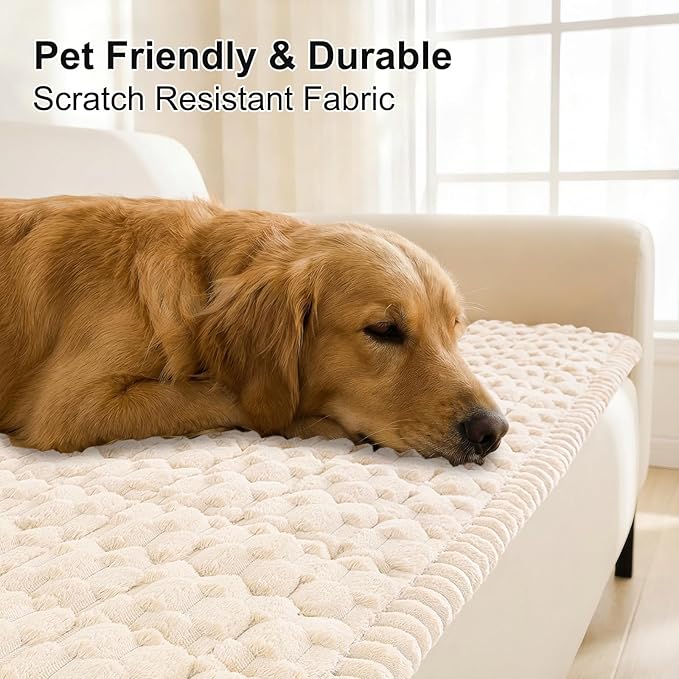 Smiry Pet Couch Cover for 3 Cushion Sofa, Non-Slip Fuzzy Couch Cover for Dogs Washable, Thick Soft Sofa Slipcovers Cushion Protector Pet Friendly (Cream, 27.6" x 88")