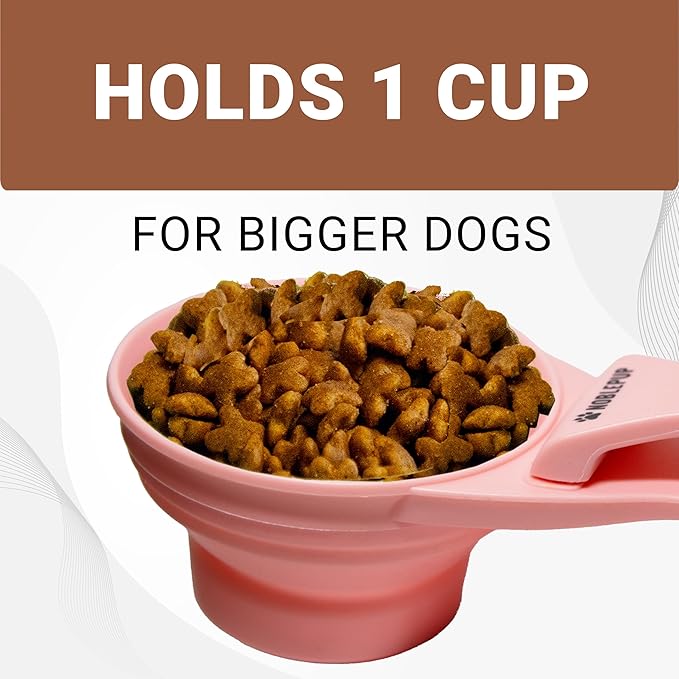 MeasureMate Pet Food Scoops with Bag Clip for Dog and Cat - 3-in-1 Multi-Function Collapsible Food Measuring Cup - 1 Cup Capacity, 8oz, Pink - Dishwasher Safe