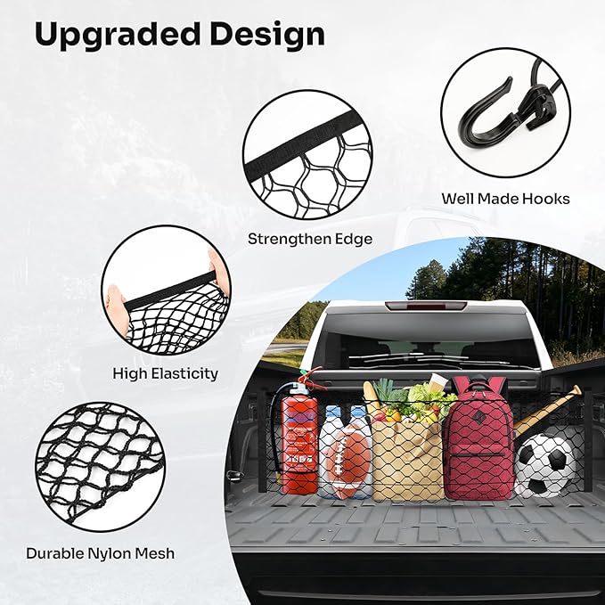 Truck Bed Cargo Net for 2019-2025 2026 GMC Sierra 1500/2020-2026 Chevy Silverado 2500 3500 Accessories Envelope Style Mesh Trunk Net Organizer and Storage Stretchable Nylon Rear Cargo Netting