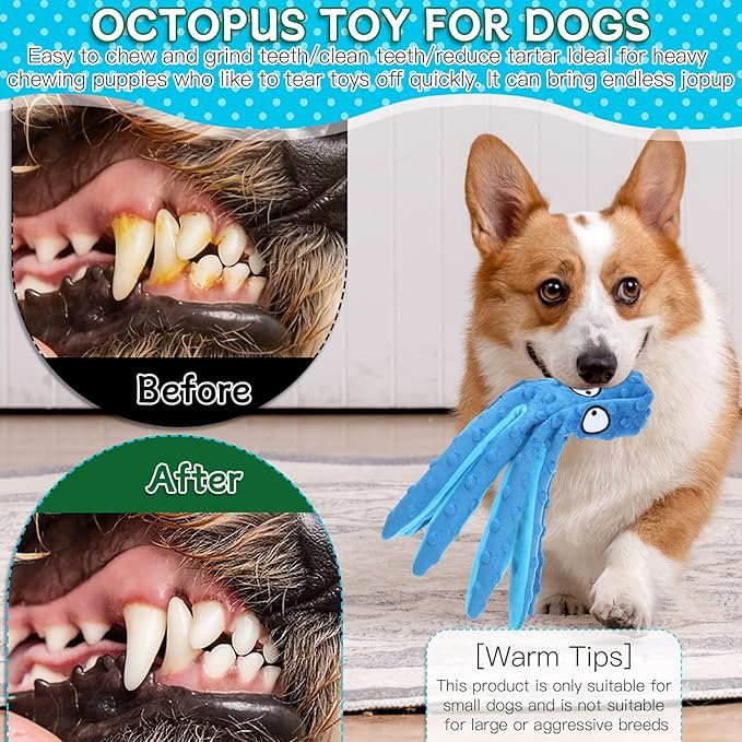 3 Pack Squeaky Dog Toys Octopus No Stuffing Crinkle Plush Dog Toy Interactive Puppy Teething Chewing Pet Supplies for Chewer, Small, Medium (Blue, Green)