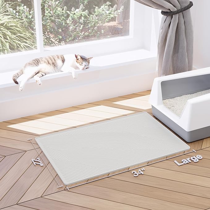BANLYEO L Cat Litter Mat - 34x22 in, Water Proof, US Designed Kitty Litter Trapping Mat, Easy to Clean, Scatter Control, Odorless, Less Mess and Clean Floors, Pet Supplies for Indoor Cats, Beige Gray