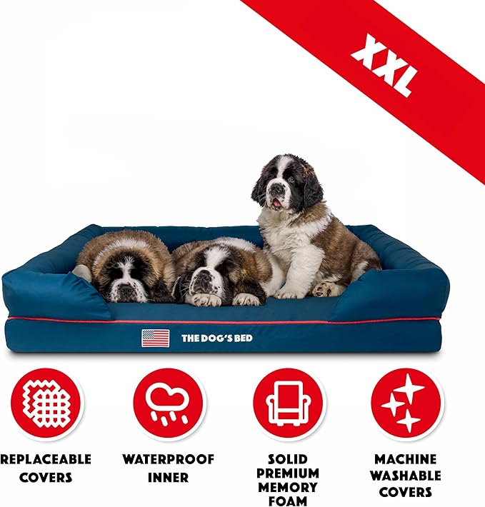The Dog’s Bed, XXL Blue Oxford with Red Trim USA Flag Dog Bed, Memory Foam, Pain Relief: Arthritis, Post Surgery, Lameness, Supportive, Calming, Waterproof Washable Cover