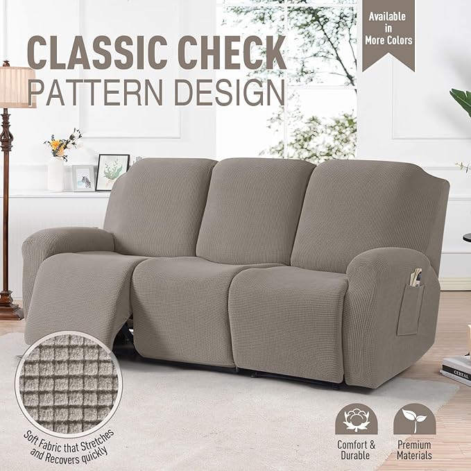 TAOCOCO Recliner Sofa Covers 8-Pieces Stretch Large Couch Covers for 3 Seats Reclining Slipcovers Soft Jacquard Pattern Furniture Protector (Pale Brown)
