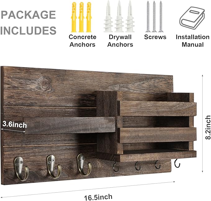 Lwenki Mail Organizer for Wall Mount – Key Holder with Shelf Includes Letter Holder and Hooks for Coats, Dog Leashes – Rustic Wood with Flush Mounting Hardware (16.5” x 8.7” x 3.5”)