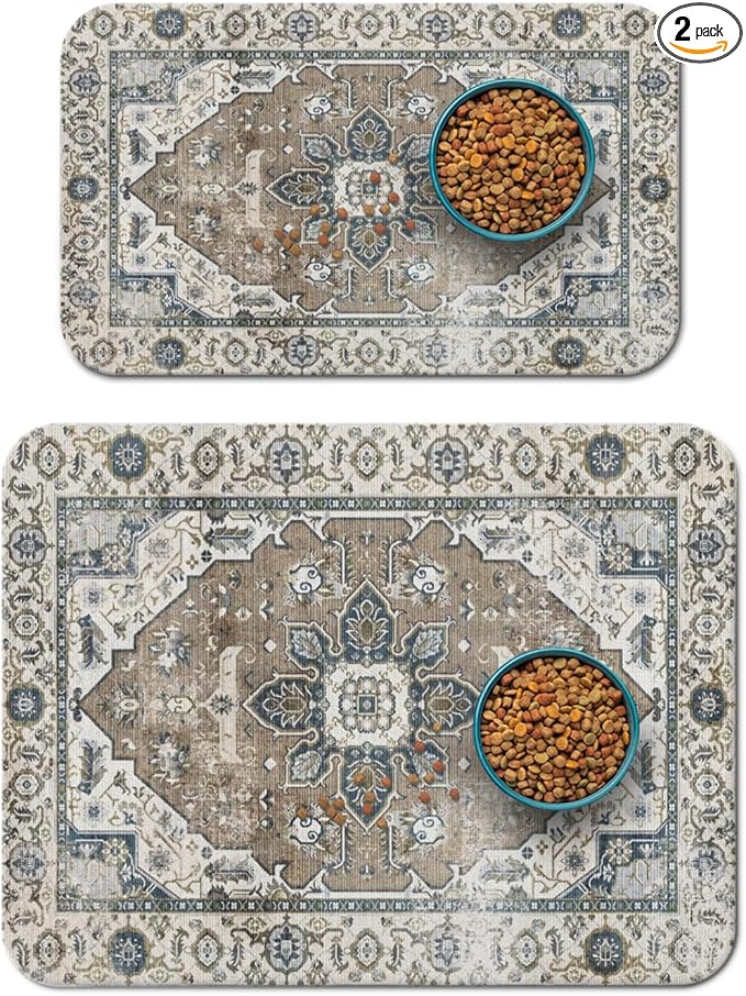 2 Pack Dog Food Mats for Floors, Absorbent and Quick-Drying Pet Cat Food Mat,Anti-Fouling and Easy-to-Clean Pet Feeding Mat,Dog Bowl Mat for Messy Drinking Water Bowls.12 x20+18"x24", Bohemia Style