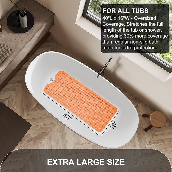 Bath Tub Shower Mat, Non Slip Bathtub Floor Liner Mats with Suction Cups and Drain Holes, Machine Washable Bathmat for Bathroom Floor Safety, 40 x 16 Inch, Clear Orange