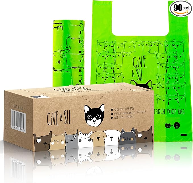 Certified Home Compostable Cat Litter Bags For Poop - 10% to Charity - Cornstarch-Based - For Cleaning Up Litter Trays - NF T51-800 Compliant - 90 Extra Large Disposable Bags