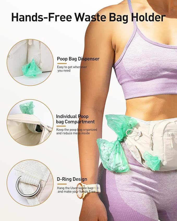 AGPTEK Dog Walking Fanny Pack, Large Capacity Dog Training Treat Pouch, Waist Bag with Removable Snack Pouch, Water Holder, Poop Bag Dispenser, Waterproof Zipper, Adjustable Strap, Beige