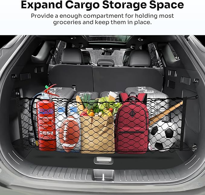 Trunk Cargo Net for 2023-2025 2026 Kia Sportage Accessories Envelope Style Mesh Trunk Net Organizer and Storage Stretchable Adjustable Elastic Nylon Rear Cargo Netting with Hooks