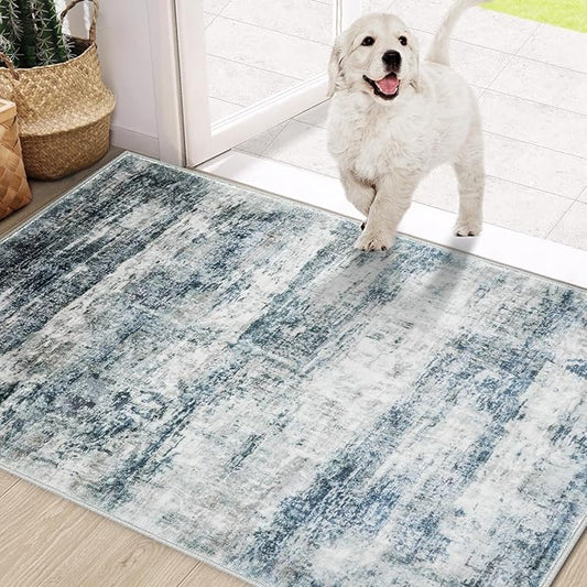 COMSLE Door Mat, Front Door Rug Indoor for Entrance Faux Wool Absorbent Non Slip Modern Throw Rug for Entryway Hallway Muddy Paws - Pet Friendly, 32x48 Inches, Green/Worn Blue Machine Washable