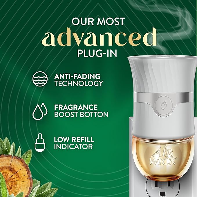 Air Wick Vibrant Plug In Scented Oil Refill, Infused with Essential Oils, Plug In Air Fresheners for Home, White Sage & Mahogany, 4 ct