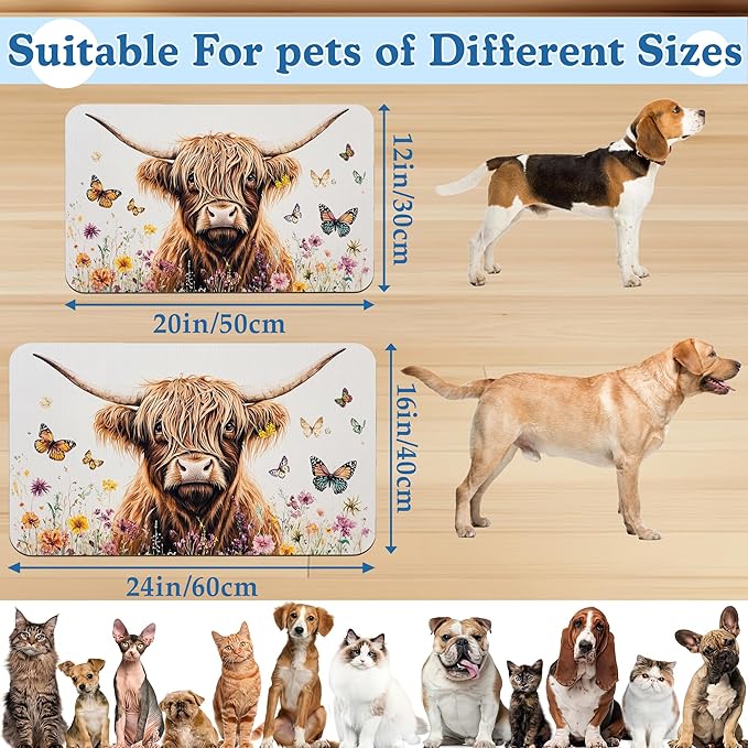 Highland Cow Butterfly Dog Food Mat–Christmas Stocking Absorbent Quick Dry Feeding Placemat for Food and Water Bowls, Non Slip Rubber Backing, Waterproof Pet Supplies for Mess-Free Eating 12"x20"