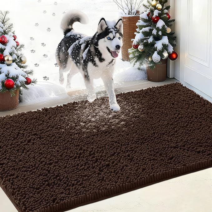 IM HOME Chenille Absorbent Outdoor Doormat 48" x 30", Washable Muddy Door Mats for Dog Non Slip Indoor Doormat Soft Front Inside Doormats for Entryway, Mud Dog Paws, Patio Brown