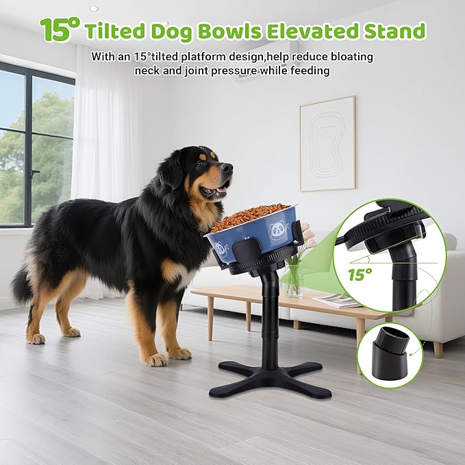 Dog Bowls,Elevated Adjustable Dog Bowl Stand with 3 Heights & Tilted Feeding Design, Raised Stand Compatible with Medium & Large Breeds(with Stainless Steel Bowls-Black)