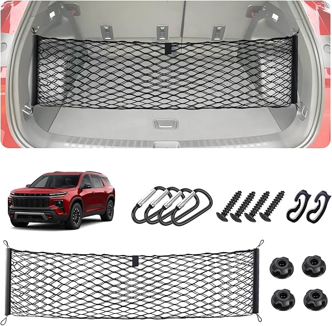 Envelope Style Cargo Net for 2018-2025 2026 Chevy Traverse Accessories, Rear Trunk SUV Mesh Cargo Net, Upgraded 5mm Bungee & Double-Layer Nylon Storage Tailgate Netting Grocery&Tools Holder Organizer