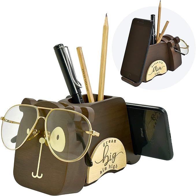 I'm Wood Multipurpose Eyeglass Phone Pen & Pencil Holder Stand Stationery Desk Organizer Accessories, For Home Office Desktop Decor Birthday Graduation Gifts “Dream Big Aim High” (Dog)