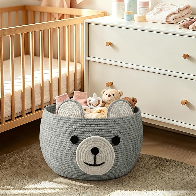 CherryNow Baby Basket for Nursery, Baby Boy Gift Baskets Empty, Decorative Woven Basket for Toys Organizer Living Room, Light Gray, 15.7"D x 10.5"H