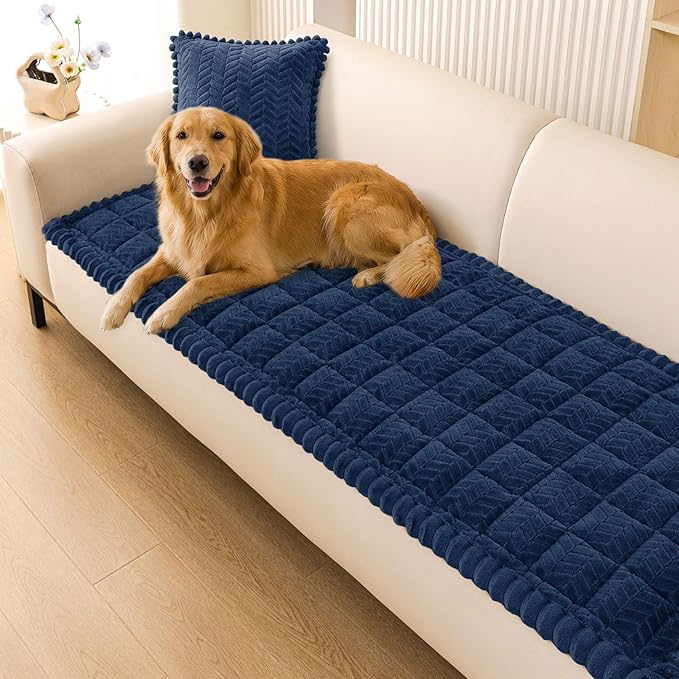 Smiry Non Slip Couch Covers for Dogs, Fuzzy Pet Couch Covers for 4 Cushion Sofa Pet Friendly, Soft Sofa Slipcovers Cushion Furniture Protector Washable (Navy, 27.6" x 95")