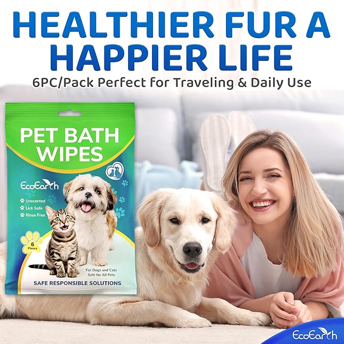 Premium Pet Wipes for Dogs & Cats - 12 Pcs - Disposable Washing Gloves for Bath & Grooming - Clean & Dry Paws, Fur, Face, Ears, Butt & Body - Hypoallergenic, Lick-Safe & Waterless Cleaning Gloves