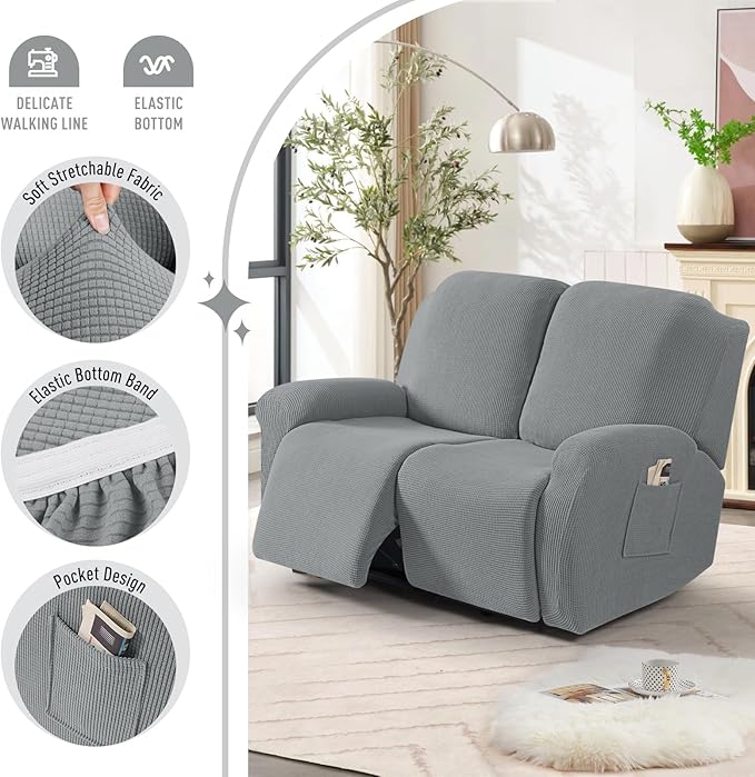TAOCOCO Recliner Loveseat Slipcover, 6 Pieces Dual Recliner Sofa Covers for 2 Seat Dual Reclining Loveseat Couch, Stretch Soft Jacquard Pattern Furniture Protector with Elasticity (Dusty Grey)