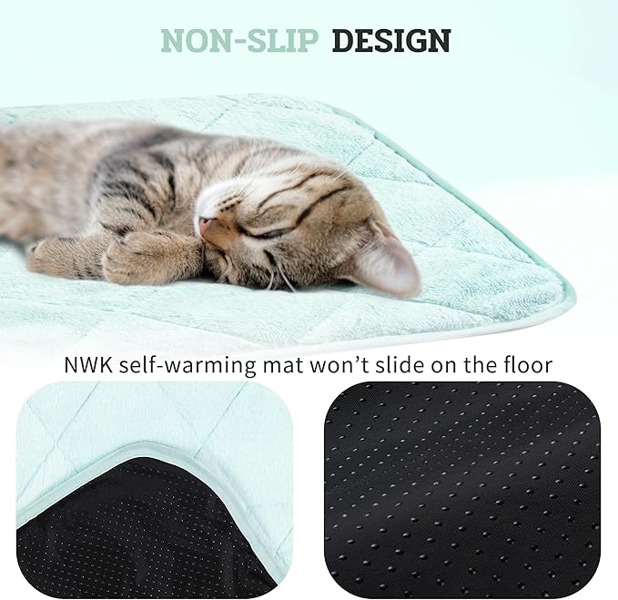 NWK Fluffy Self Warming Cat Mat, Cat Blanket, Thermal Dog Mat, Washable, Non-Slip Bottom for Sofa & Crate & Kennel & Car Seat (Mint Green, Large (35'' X 23'' X 0.4''))