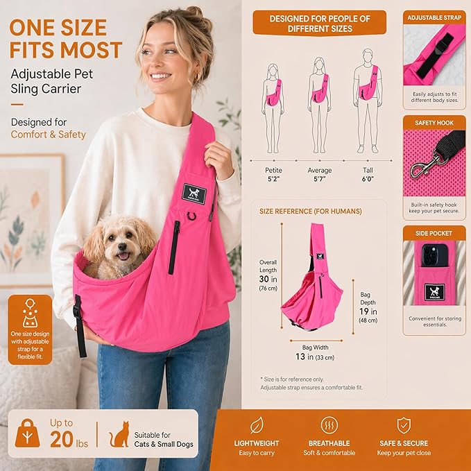 Pet Sling Carrier for Small Dogs and Cats 5-20lbs, Dog Sling with Adjustable Depth, Breathable Air Mesh Puppy Travel Bag, Water Resistant Fabric, Double Safety Leash, Machine Washable,Fuchsia
