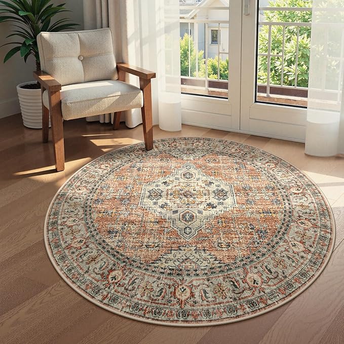 Lahome Oriental Washable Round Rugs, Non-Slip Round Rug 4ft Ultra-Thin, Vintage Soft Small Circle Carpet for Entryway Kitchen Bedroom Nursery Bathroom Eleanor, Peach/Orange