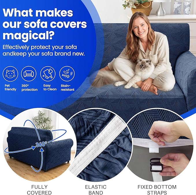 YEMYHOM 1 Piece Stretch Oversized Couch Covers for 4 Seat, Jacquard Extra Large Sofa Cover with Non-Slip Elastic Bottom, Thickened Slipcover Furniture Protector for Dogs Pets (X-Large, Navy）