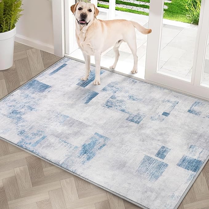 COMSLE Door Mat, Front Door Mat Indoor for Entrance Faux Wool Absorbent Non Slip Modern Throw Rug for Entryway Hallway Muddy Paws - Pet Friendly, 24x36 Inches,Square Blue Machine Washable