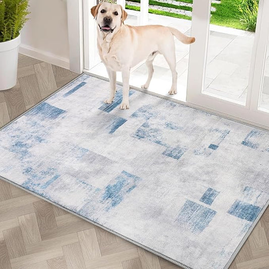 COMSLE Door Mat, Front Door Mat Indoor for Entrance Faux Wool Absorbent Non Slip Modern Throw Rug for Entryway Hallway Muddy Paws - Pet Friendly, 24x36 Inches,Square Blue Machine Washable