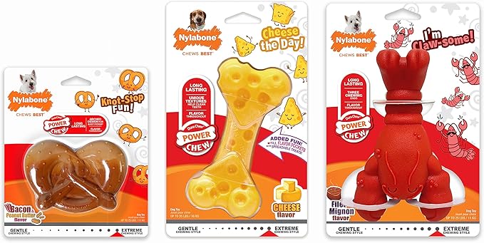 Nylabone Power Chew Toy Bundle, Cute Dog Toys for Aggressive Chewers, Filet Mignon, Cheese, and Bacon Flavors, Small Dogs - Up to 25 lbs, 3 Pack