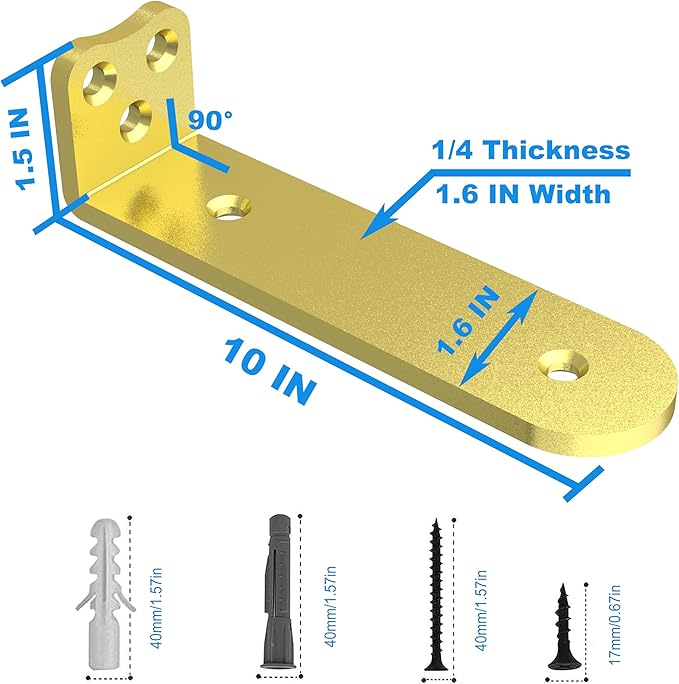 Eurydice Heavy Duty Floating Shelf Brackets, 1/4 inch Thick L Bracket, (10 in 6 Pack Gold), Holds 200 lb, Rounded Arc Edge, One-Piece, 3 Hole Mounting for Wood Shelves in Kitchen, Garage, Office, DIY