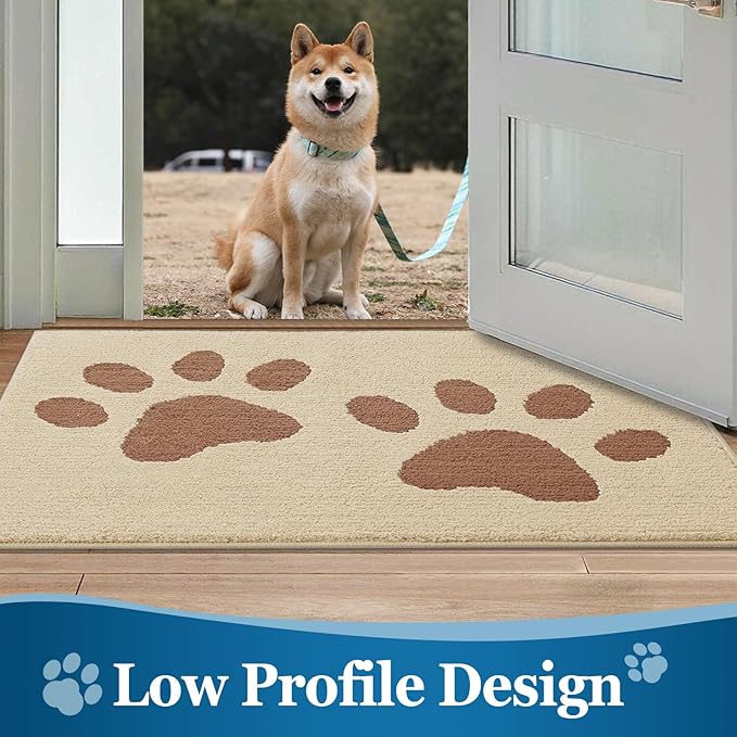 Buganda Dog Door Mat for Muddy Paws, Absorbent Dirt Trapper Washable Indoor Doormats, Non Slip Low-Profile Mud Mat for Dogs, Front Entrance Doormat for Inside Floor (48x30 Inches, Light Beige)