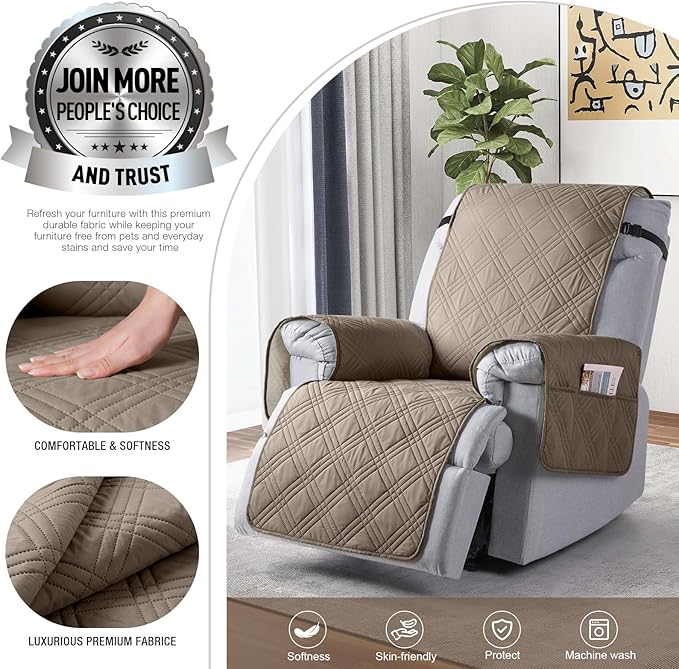 TAOCOCO Waterproof Recliner Chair Covers 30 Inch Wide, Oversized Recliner Covers for Recliner Chair with Pocket, Recliner Slipcovers with Straps Furniture Protector for Kids Pets (30'', Gray Taupe)
