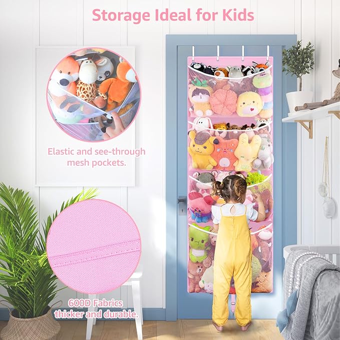 Hanging Stuffed Animal Storage, Over Door Large Plush Toy Organizer with Metal Hook, Baby Accessory Holder Idea for Nursery, Doll & Bear Mesh Hammock Bag for Girl Boy Kid Room