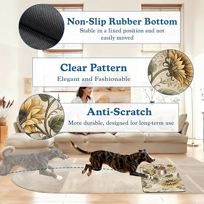 Vintage Sunflower Pet Feeding Mat for Floors–Christmas Stocking Absorbent Quick Dry Dog Cat Bowl Mat for Food and Water, Non Slip Waterproof Base, Mess-Free Feeding Accessories 12"x20"