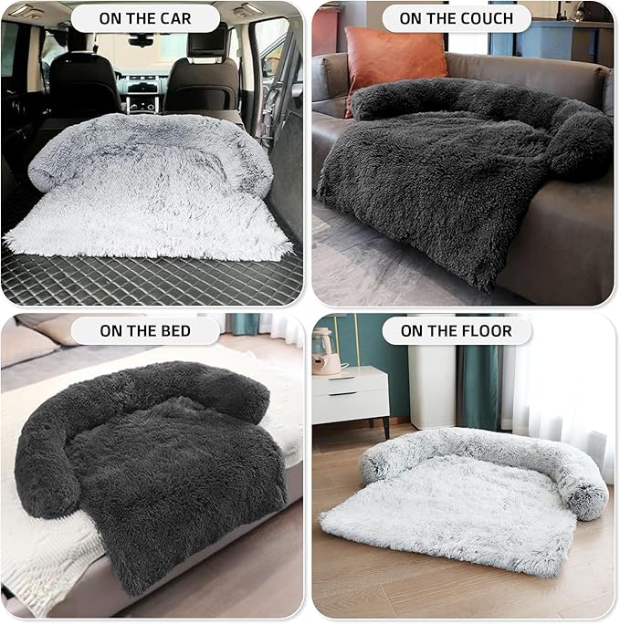 Calming Dog Bed Fluffy Plush Dog Mat for Furniture Protector with Removable Washable Cover for Large Medium Small Dogs and Cats (Medium(41x37x6), Dark Grey)