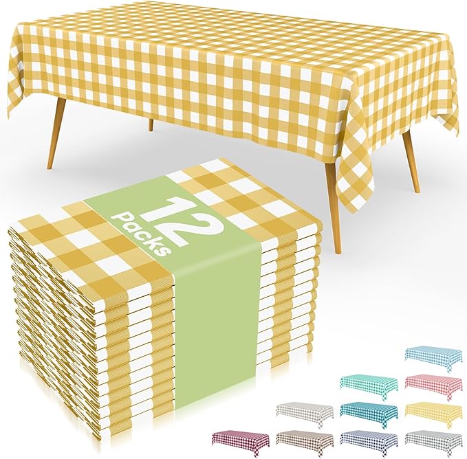 Smiry 12 Packs Gingham Disposable Table Cloth, 54 x 108 Inch Waterproof Plastic Tablecloth, Rectangle Gold and White CheckeGold Table Covers for Picnic, Birthday, Party