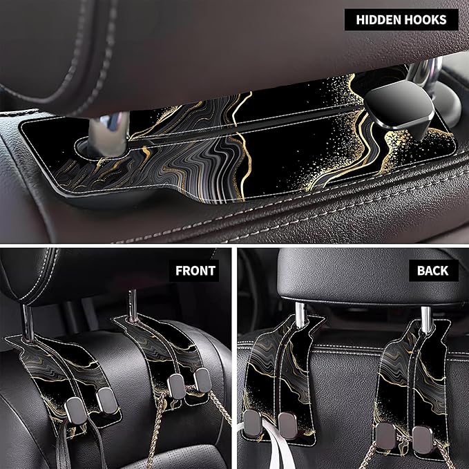 AEWNUNK 1 Pack Car Seat Headrest Hooks for Purses Abstract Black Golden Marble Bag Purse Holder for Car with Double Metal Hooks Car Purse Hanger Hanging Accessories