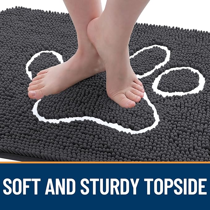 OLANLY Dog Door Mat for Muddy Paws 35x24, Paw Print Design, Absorbs Moisture and Dirt, Absorbent Non-Slip Washable Doormat, Quick Dry Chenille Mud Mat for Dogs, Entry Indoor Entryway Carpet, Dark Grey