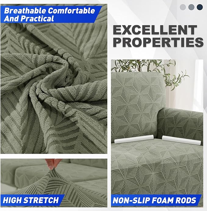 YEMYHOM 1 Piece Stretch Couch Covers for 3 Cushion Couch, Jacquard Sofa Cover with Non-Slip Elastic Bottom, Thickened Slipcover Furniture Protector for Dogs Pets (Large, Army Green）