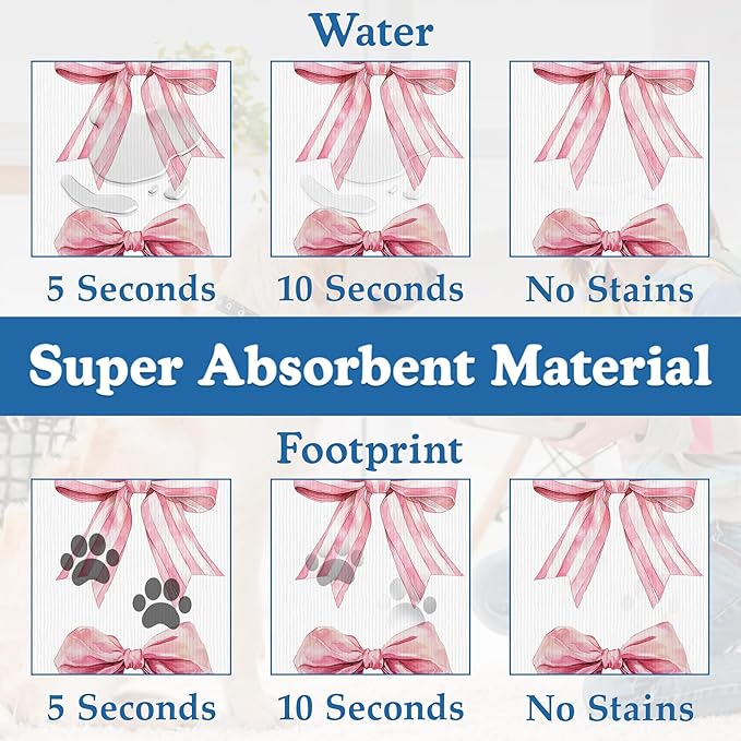 Pink Bows Dog Cat Food Mat–Christmas Stocking Absorbent Waterproof Placemat for Food and Water Bowls, Non Slip Rubber Backing, Feeding Mat for Clean Floors 16"x24"