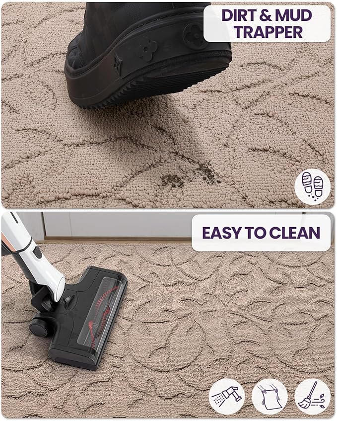 DEXI Front Door Mat Inside Entrance 24x36, Non Slip Dirt Trapper Doormat, Low Profile Thin Entry Mat, Absorbent Easy Clean Welcome Mats for Entryway, Patio, Branch Leaf Beige