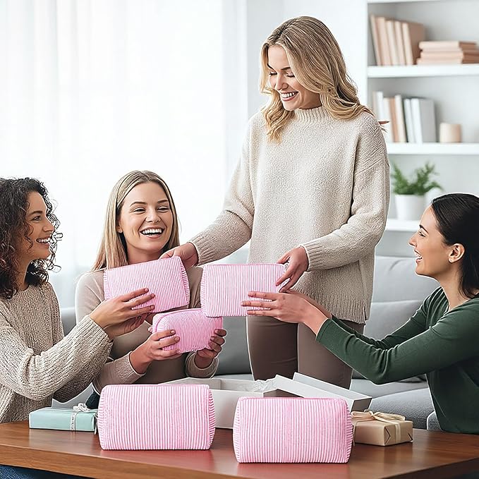 Sanwuta 6 Pcs Seersucker Cosmetic Bags Bulk Seersucker Makeup Bags Stripe Women Pouch Large Preppy Storage Pouch Toiletry Travel Organizer for Wedding Bridesmaid Bride Favor Mom Gift (Pink)