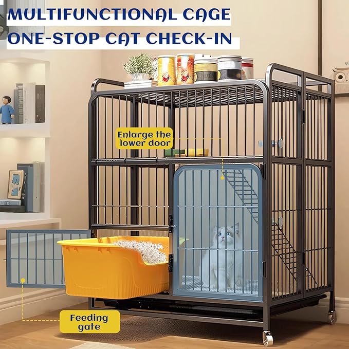 Collapsibles Cat Cages Indoor,Portable Cats Enclosures 2/3/4-Tier,Heavy-Duty Cat Playpens with Universal Wheels,Large Metal Animal cage Pet Crate No Assemblys Required (Black, 2-Tier (No Litter Box))